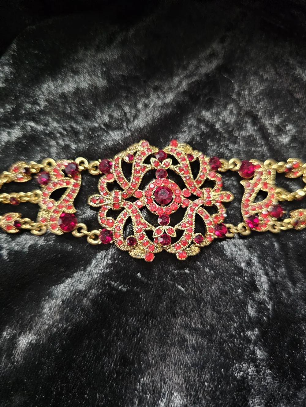 Gold-Tone Red Crystal Filigree Statement Bracelet